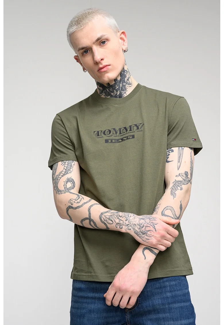 Tricou de bumbac cu logo, Verde inchis