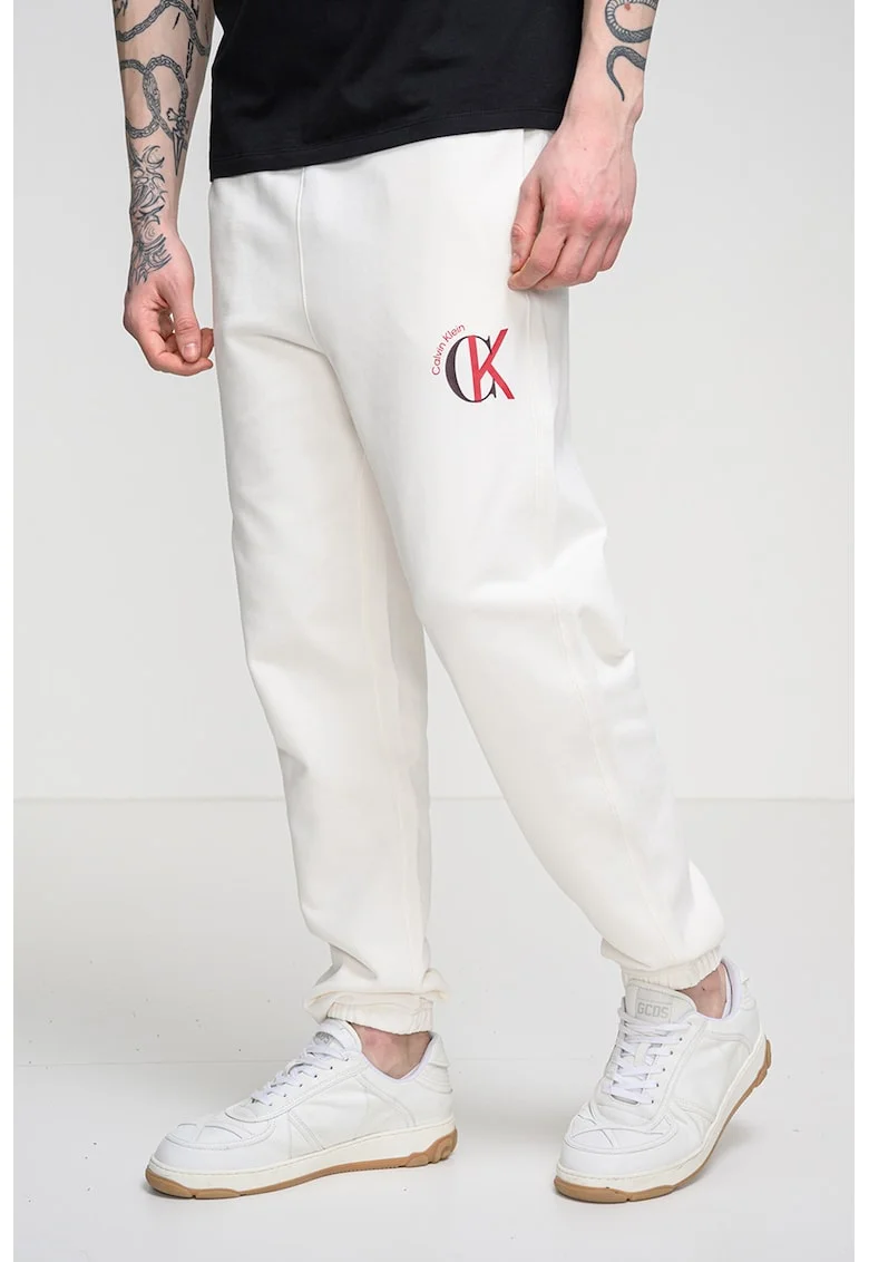 Pantaloni de trening cu talie elastica si logo, Alb