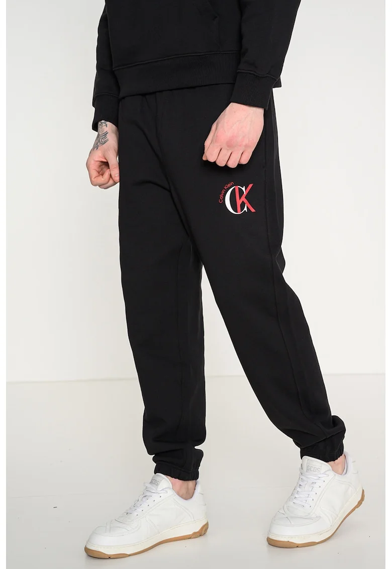 Pantaloni de trening cu talie elastica si logo, Negru