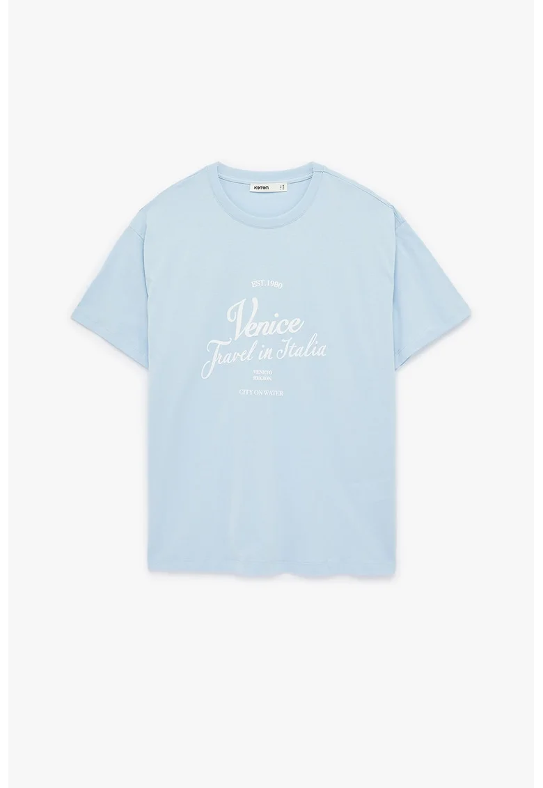 Tricou cu decolteu rotund si imprimeu, Albastru glaciar