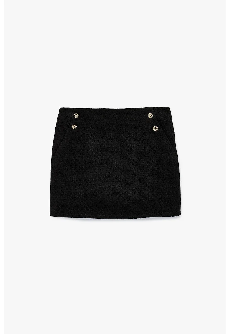 Fusta mini din tuid cu nasturi decorativi, Negru