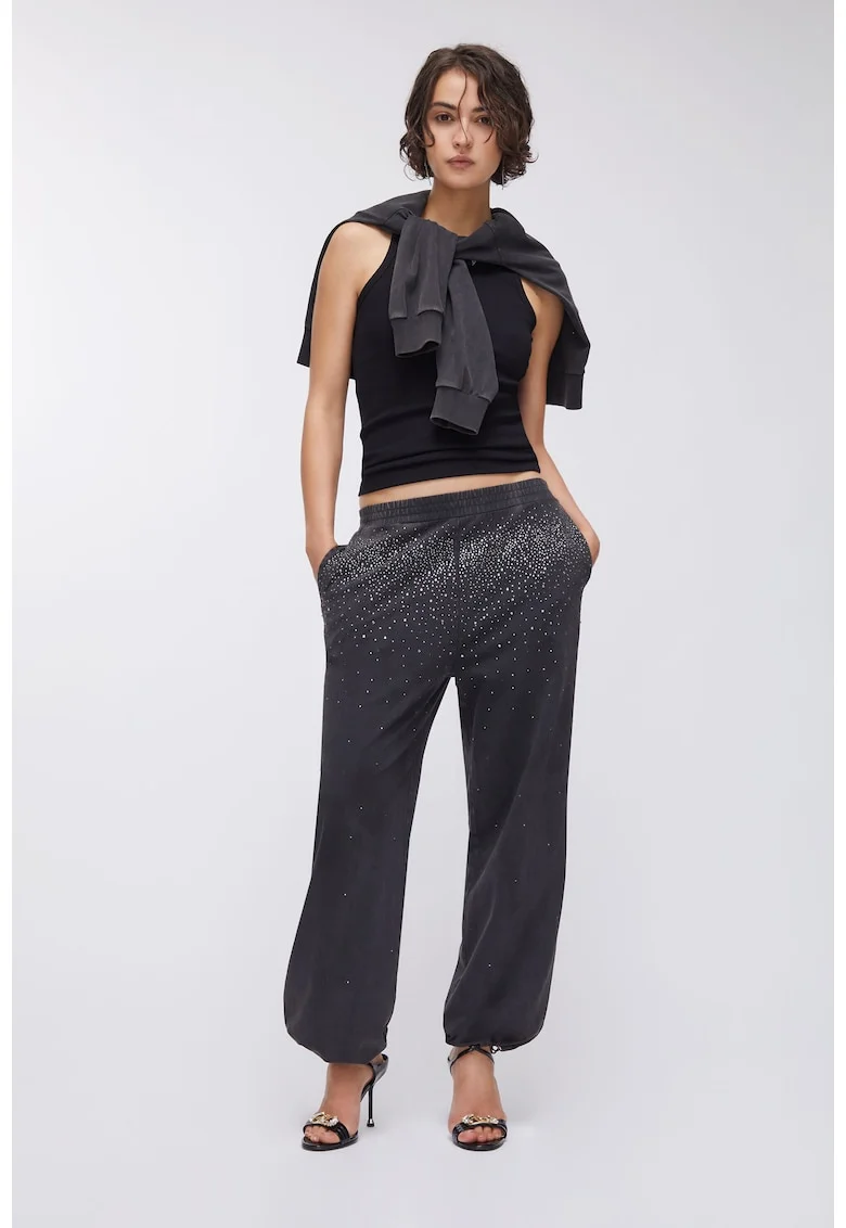 Pantaloni relaxed fit de trening cu strasuri, Negru