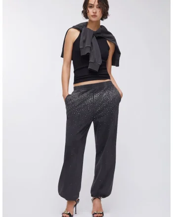 Pantaloni relaxed fit de trening cu strasuri, Negru