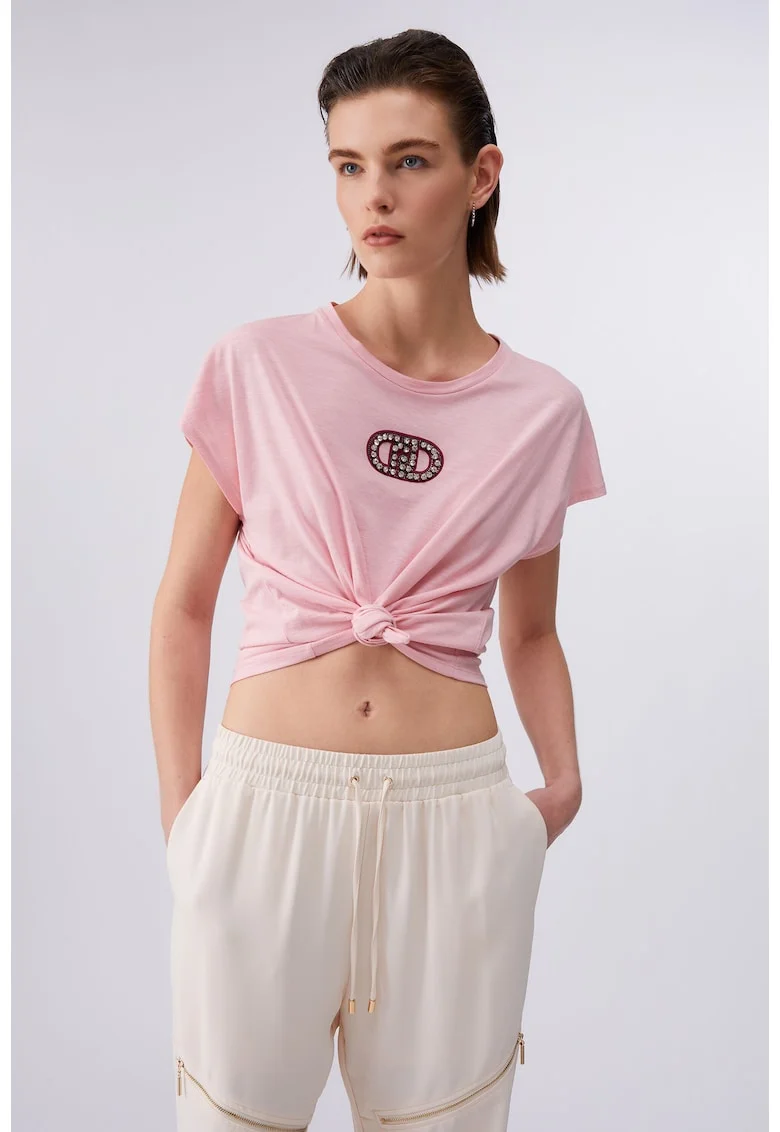Tricou de bumbac si modal cu logo din strasuri, Roz