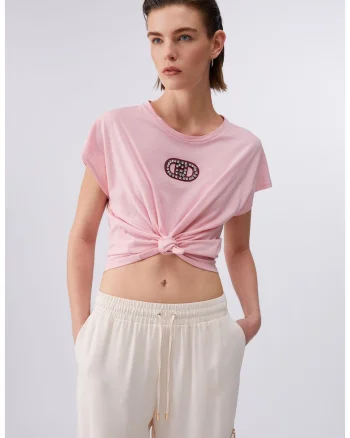 Tricou de bumbac si modal cu logo din strasuri, Roz