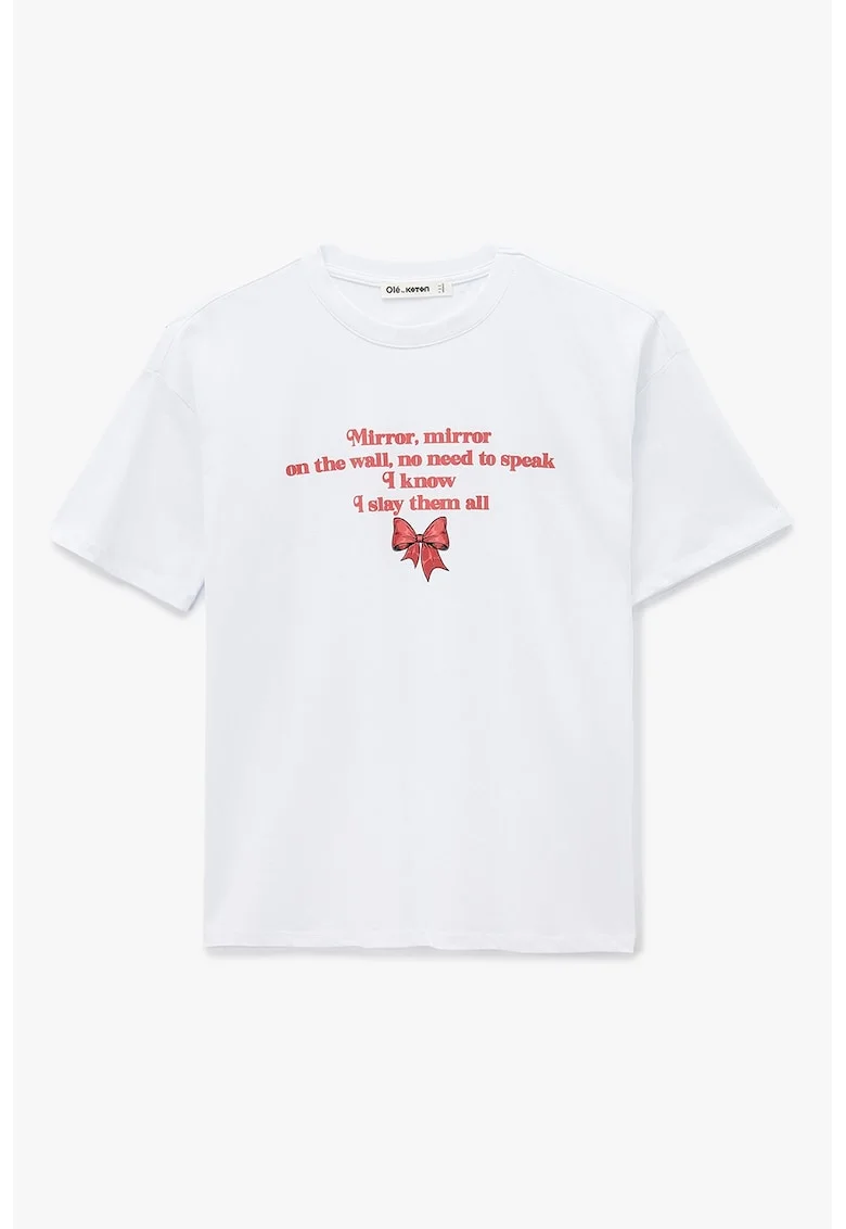 Tricou din bumbac cu imprimeu text, Alb optic/Rosu deschis