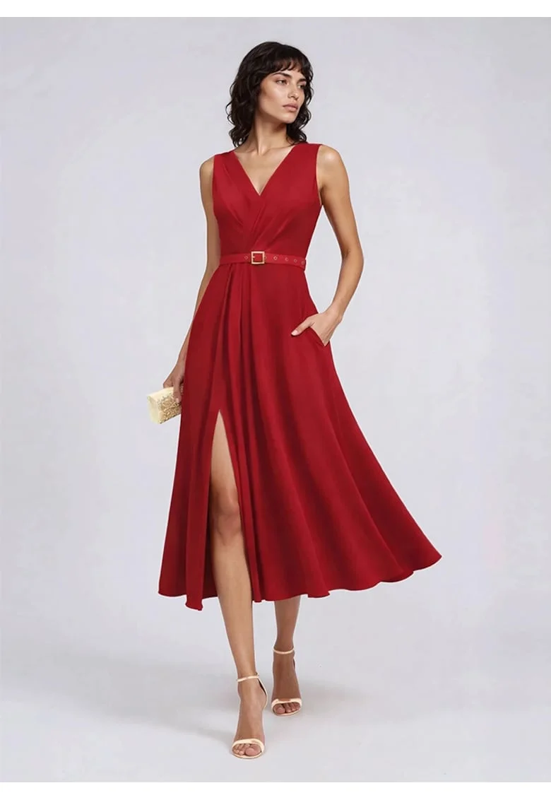 Rochie camasa midi cu fusta ampla si curea asortata Patty, Rosu inchis