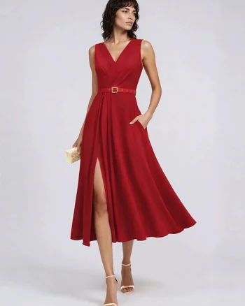 Rochie camasa midi cu fusta ampla si curea asortata Patty, Rosu inchis