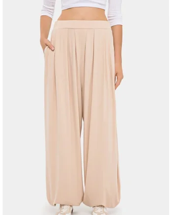 Pantaloni dama,  plisati, talie medie, culoare natur, material poliester-elastan