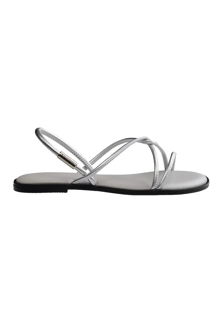 Sandale cu talpa plata si barete multiple, Argintiu cromat