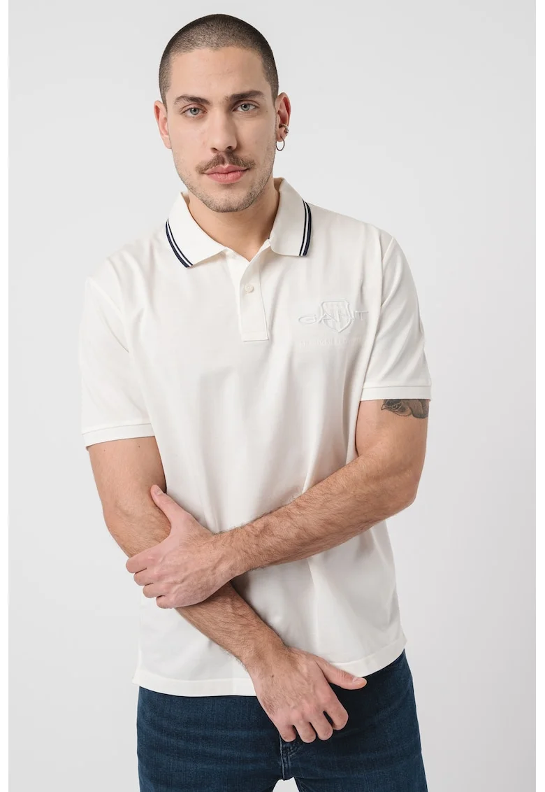 Tricou polo de bumbac cu logo brodat, Alb fildes