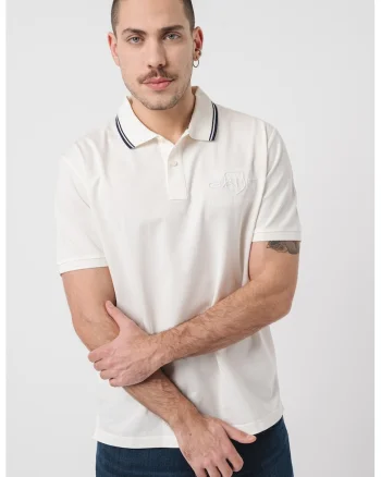 Tricou polo de bumbac cu logo brodat, Alb fildes