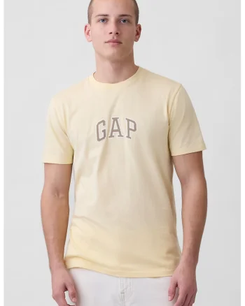 Tricou de bumbac cu aplicatie logo, Galben pal