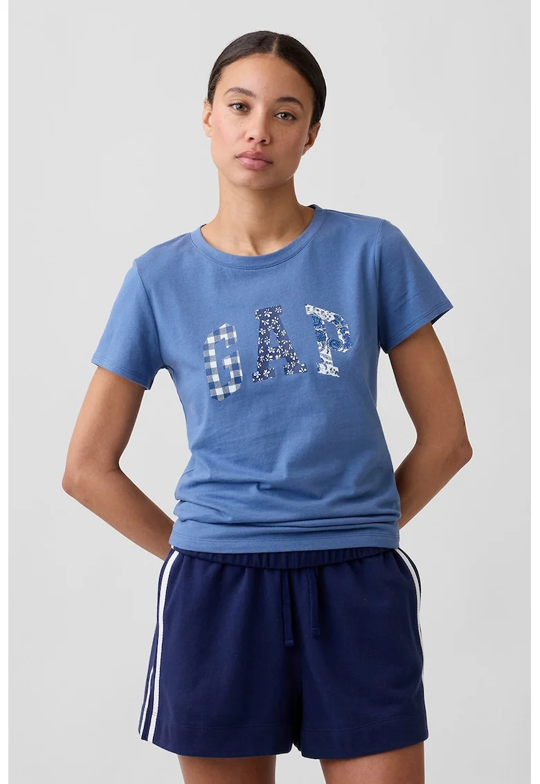 Tricou din bumbac cu imprimeu logo pe piept, Albastru