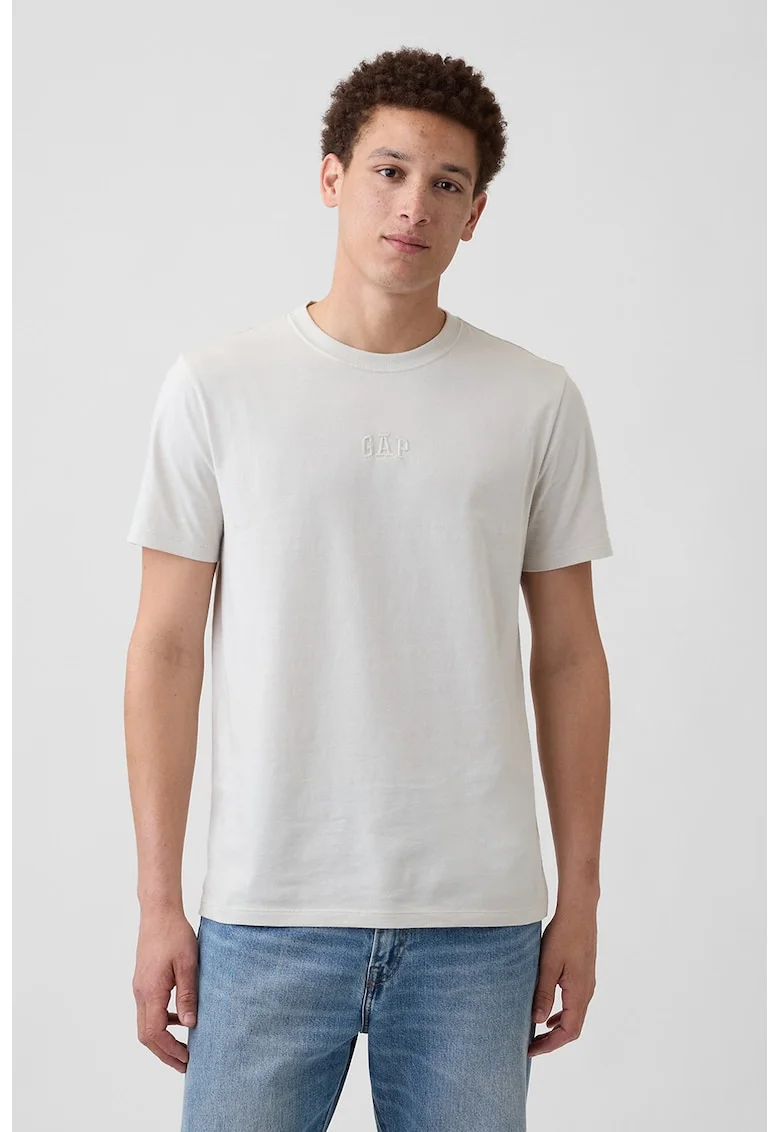 Tricou din bumbac cu decolteu la baza gatului, Ecru