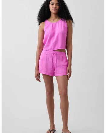 Pantaloni scurti din bumbac cu aspect texturat, Roz orhidee