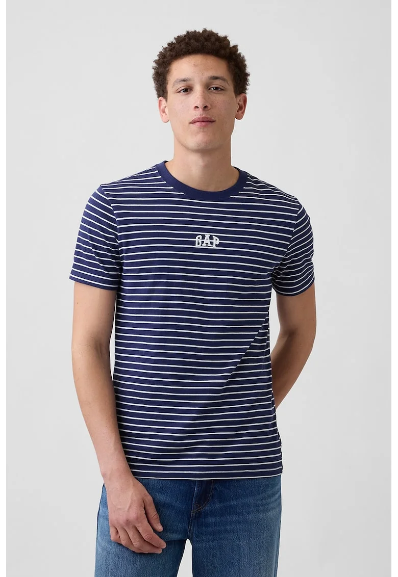 Tricou din bumbac cu decolteu la baza gatului, Alb/Bleumarin