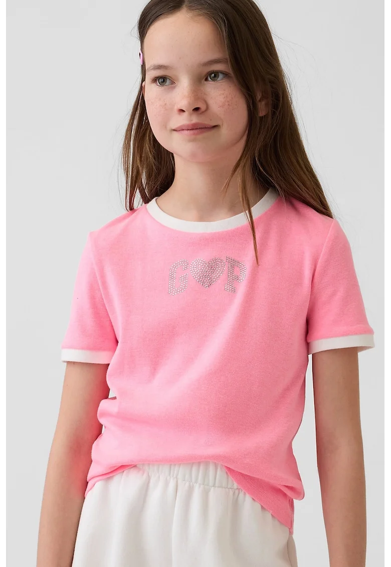 Tricou din bumbac cu aplicatie logo, Roz
