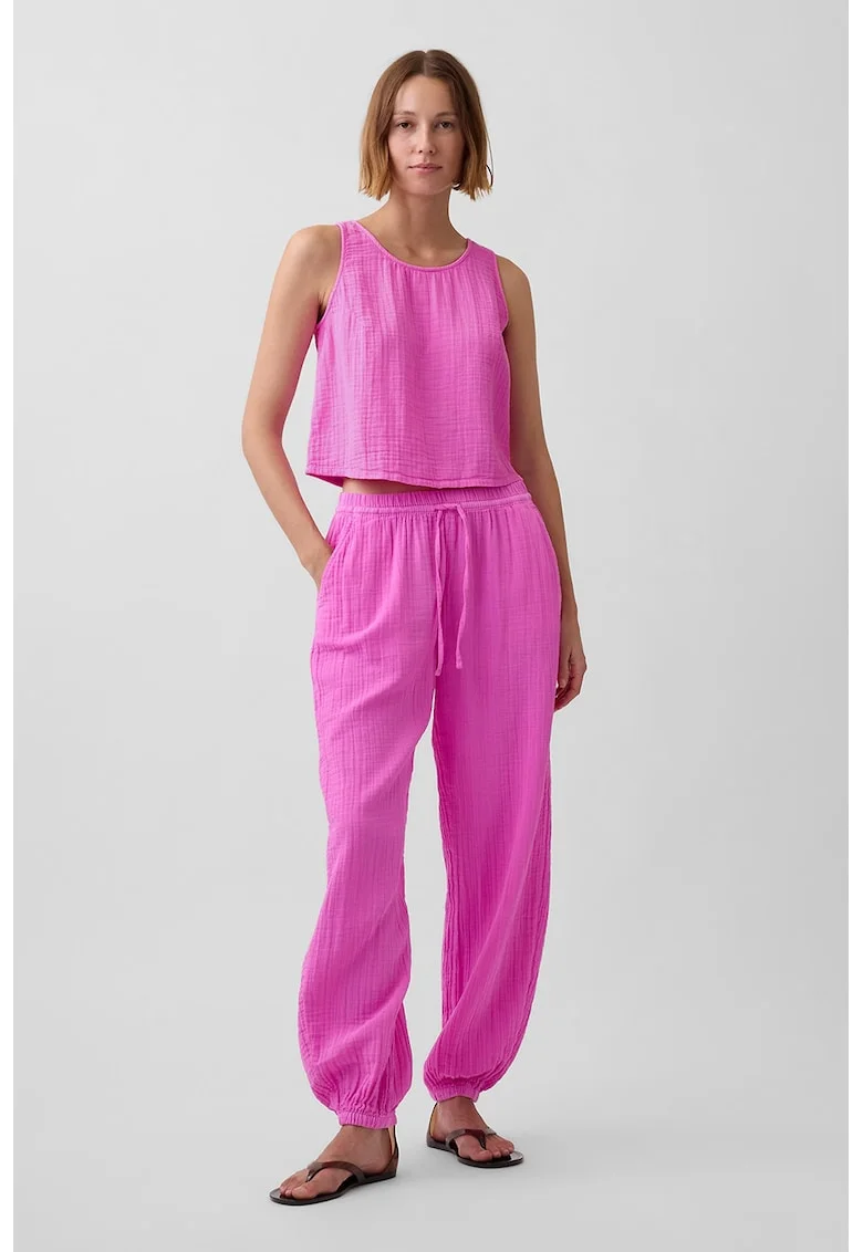 Pantaloni balloon din bumbac cu snur, Roz orhidee