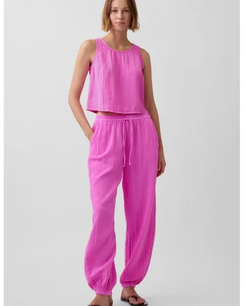 Pantaloni balloon din bumbac cu snur, Roz orhidee