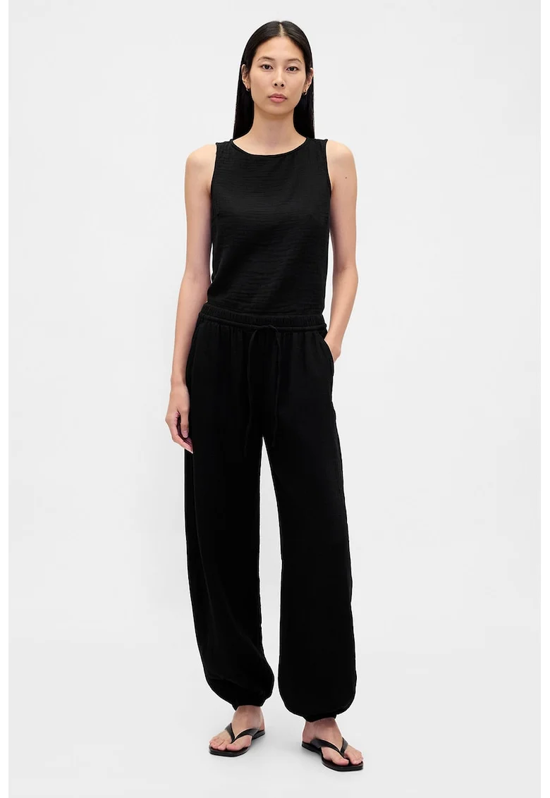 Pantaloni balloon din bumbac cu snur, Negru