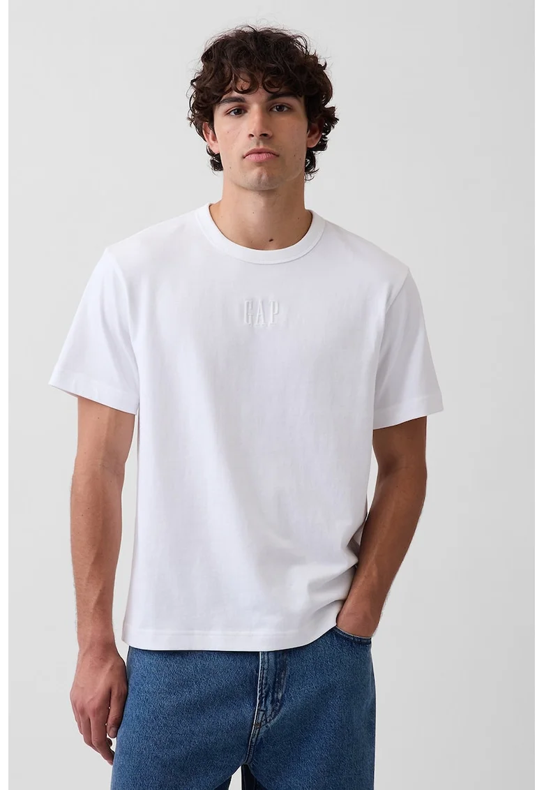 Tricou lejer din bumbac cu logo, Alb optic