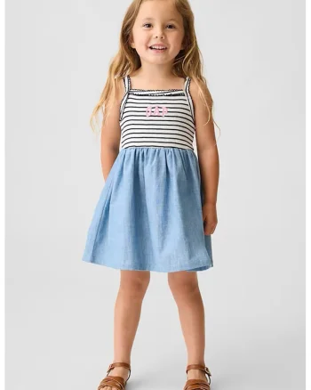 Rochie evazata dib bumbac cu logo brodat, Alb/Albastru deschis