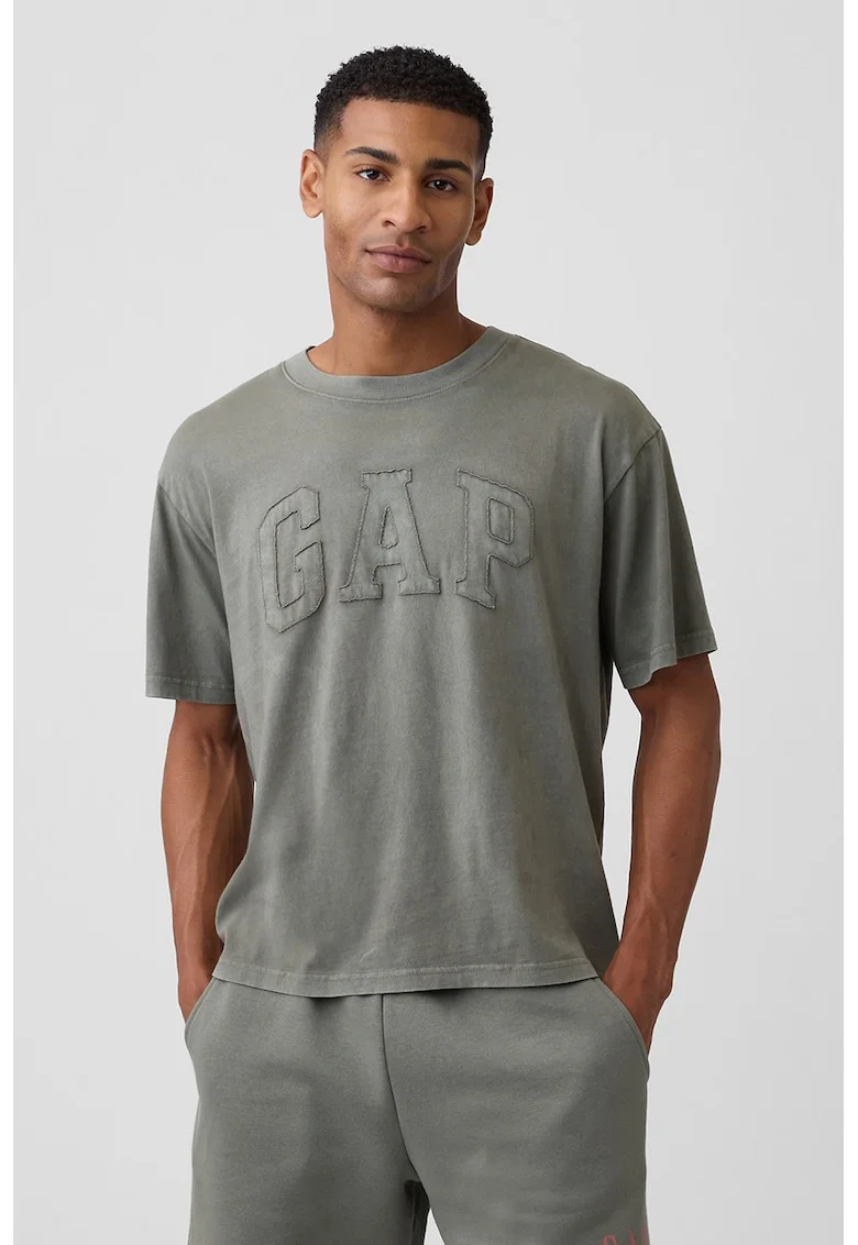 Tricou cu decolteu la baza gatului si logo brodat, Gri carbune
