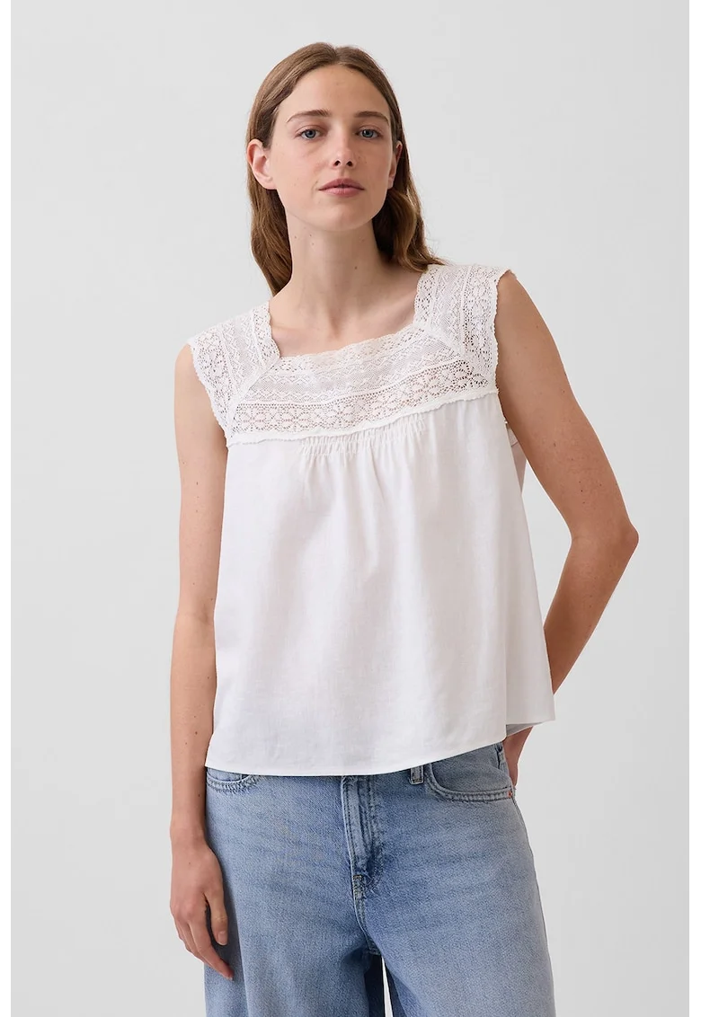 Tricou din amestec de in cu insertii din dantela, fara maneci, Alb murdar