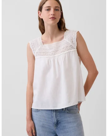 Tricou din amestec de in cu insertii din dantela, fara maneci, Alb murdar