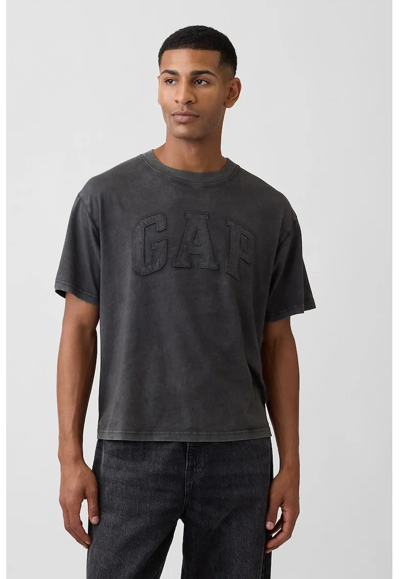 Tricou cu decolteu la baza gatului si logo brodat, Negru stins