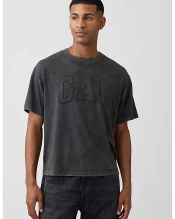 Tricou cu decolteu la baza gatului si logo brodat, Negru stins