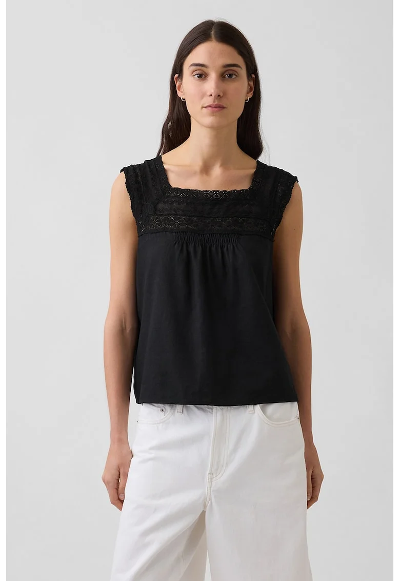 Tricou din amestec de in cu insertii din dantela, fara maneci, Negru