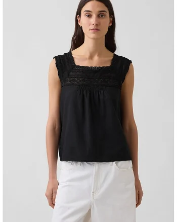Tricou din amestec de in cu insertii din dantela, fara maneci, Negru