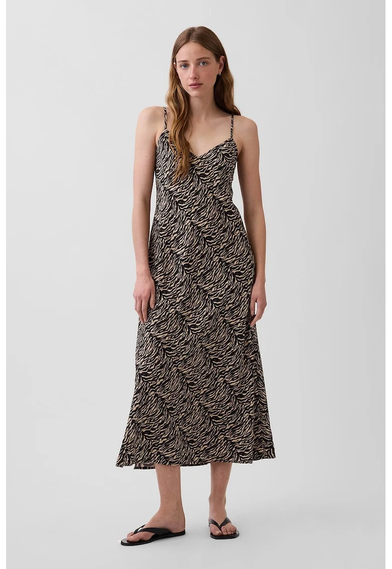 Rochie cu decolteu in V si animal print, Negru/Maro