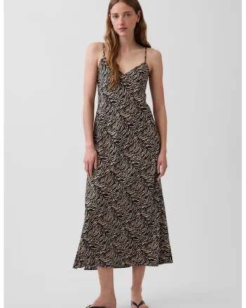 Rochie cu decolteu in V si animal print, Negru/Maro
