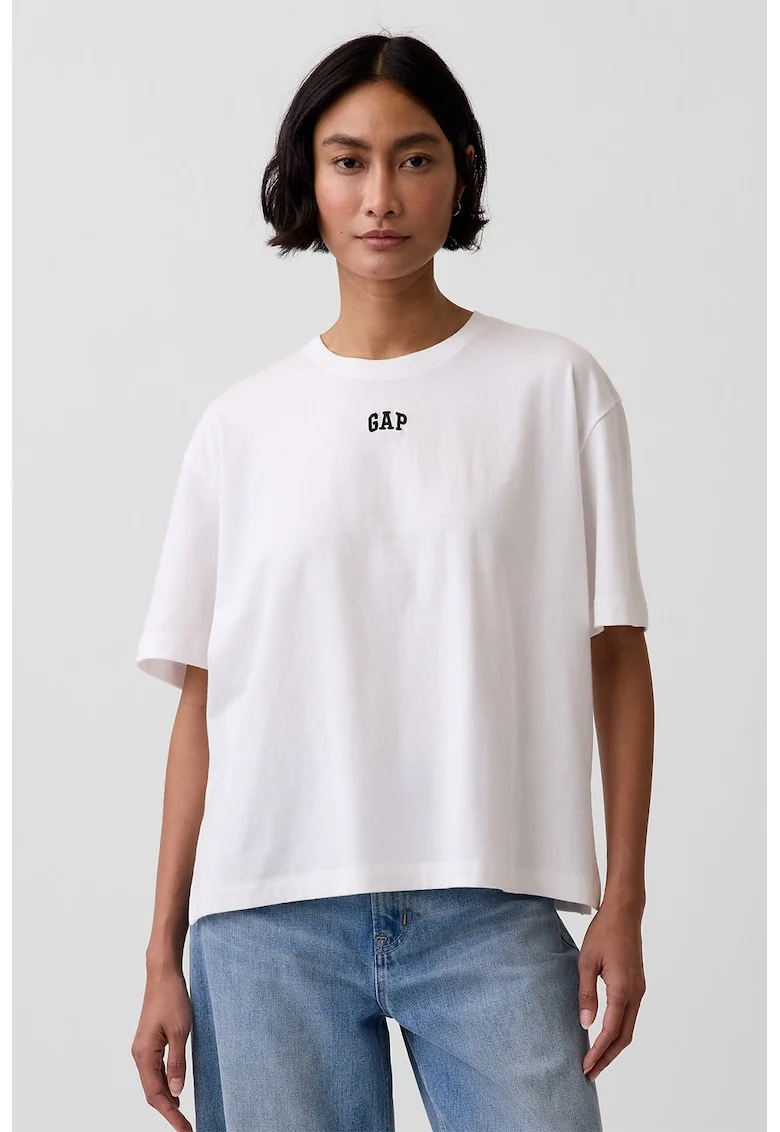 Tricou lejer cu logo brodat, Alb