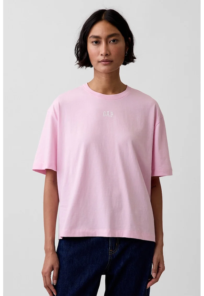Tricou lejer cu logo brodat, Roz deschis