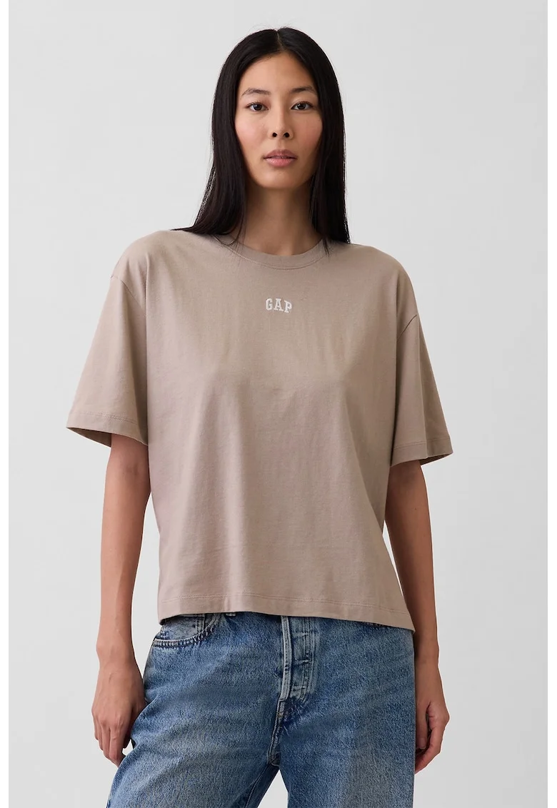 Tricou lejer cu logo brodat, Maro taupe deschis