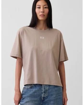Tricou lejer cu logo brodat, Maro taupe deschis