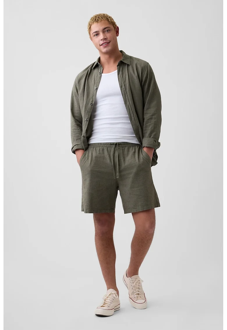 Pantaloni scurti din in si bumbac, Verde stins