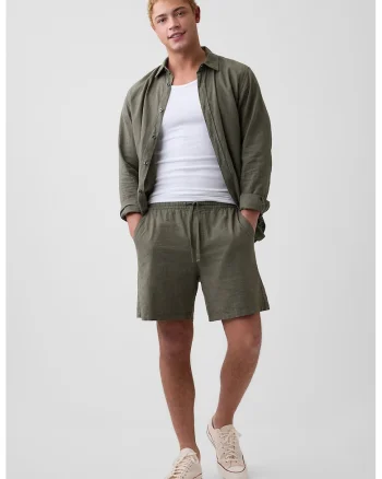 Pantaloni scurti din in si bumbac, Verde stins