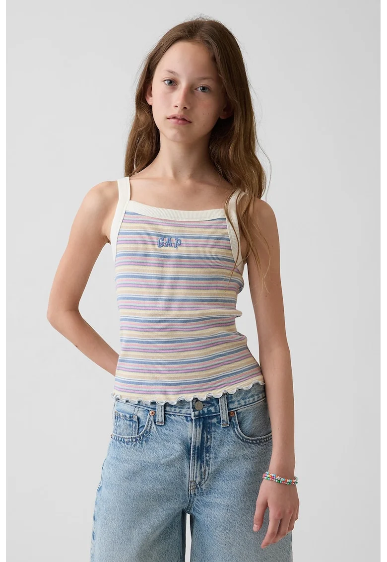 Top cu dungi si broderie logo, Roz/Albastru/Bej deschis