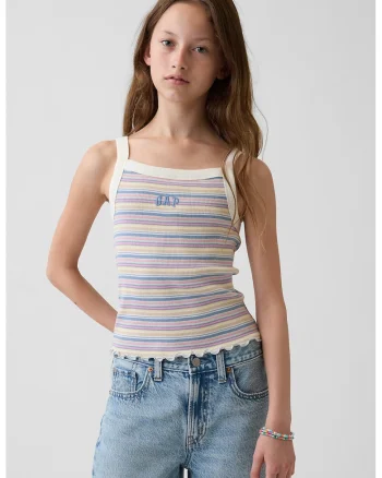 Top cu dungi si broderie logo, Roz/Albastru/Bej deschis