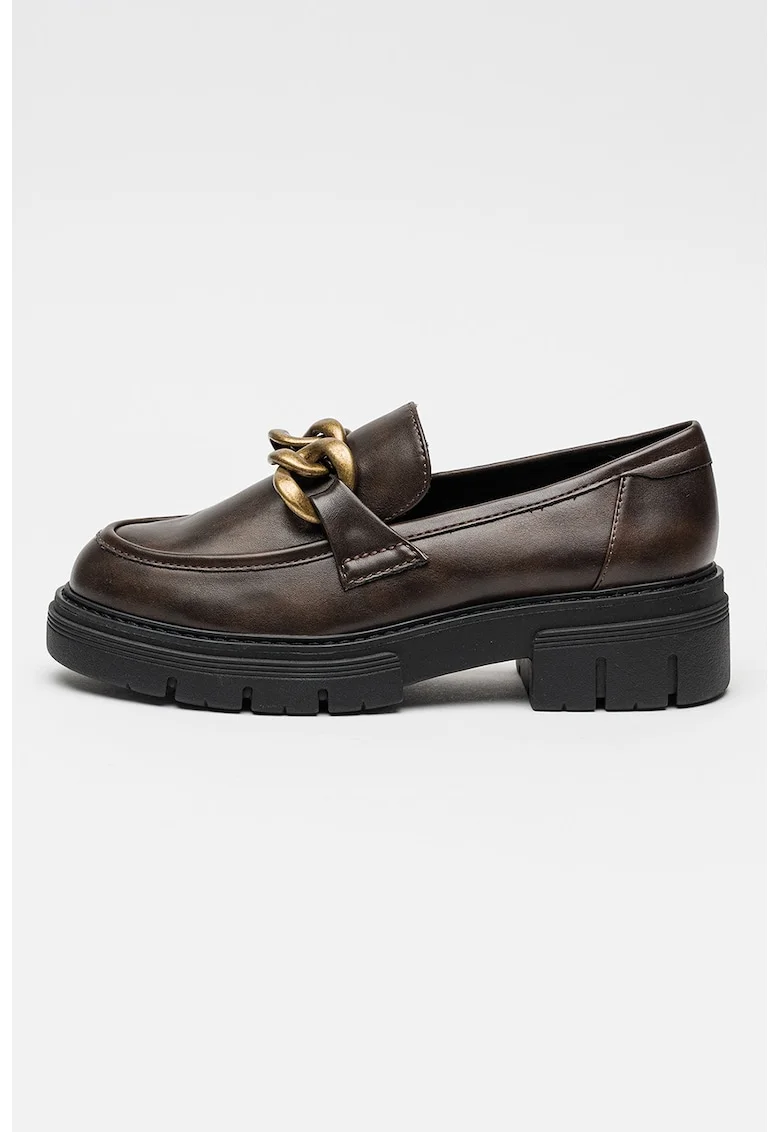 Pantofi loafer de piele ecologica, Auriu/Maro cafeniu