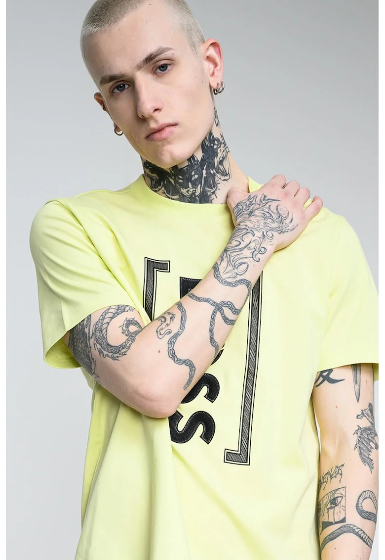Tricou relaxed fit cu imprimeu logo frontal Iconic, Negru/Verde neon