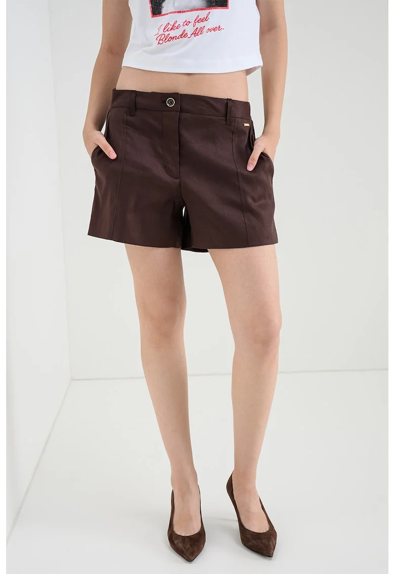 Pantaloni scurti din amestec de in si modal cu buzunare oblice, Maro inchis