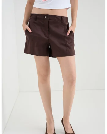 Pantaloni scurti din amestec de in si modal cu buzunare oblice, Maro inchis
