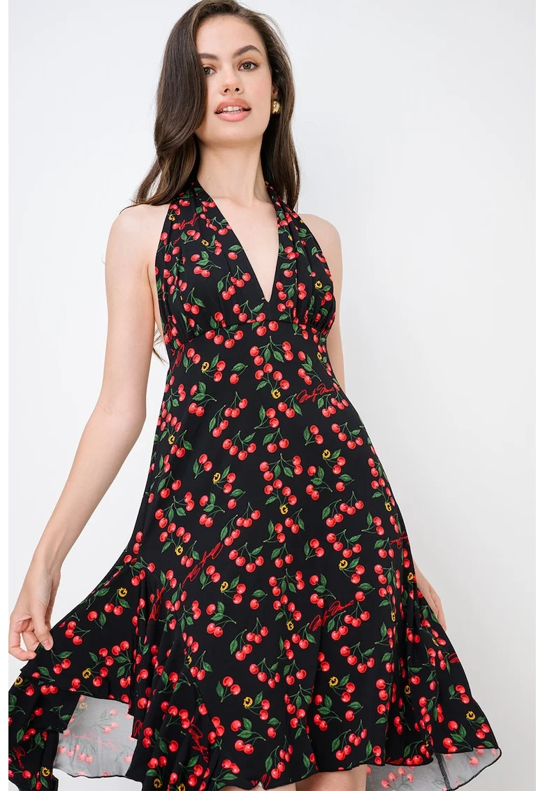 Rochie cu decolteu halter si imprimeu, Negru/Rosu cireasa