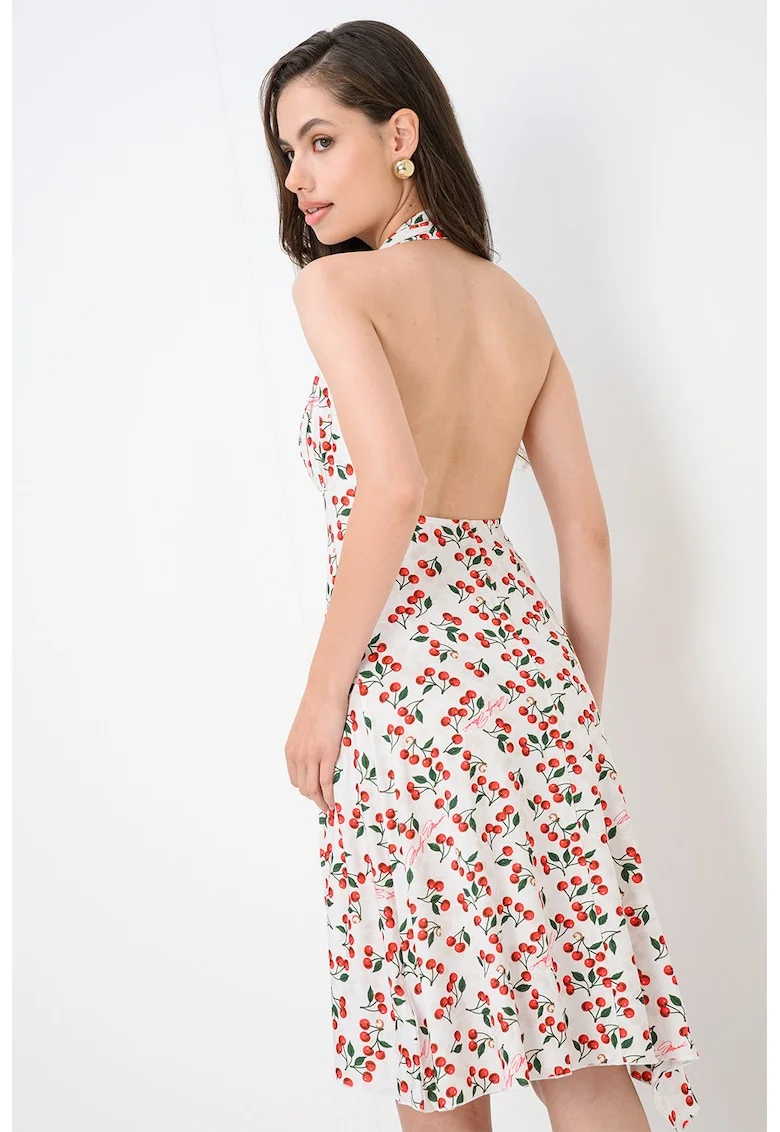 Rochie cu decolteu halter si imprimeu, Alb/Rosu cireasa